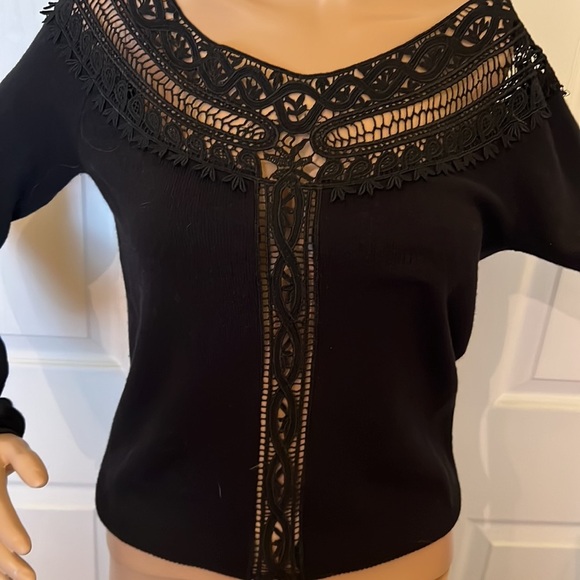 Moda international sexy black off shoulder see thru lace sweater sz S - Picture 7 of 8